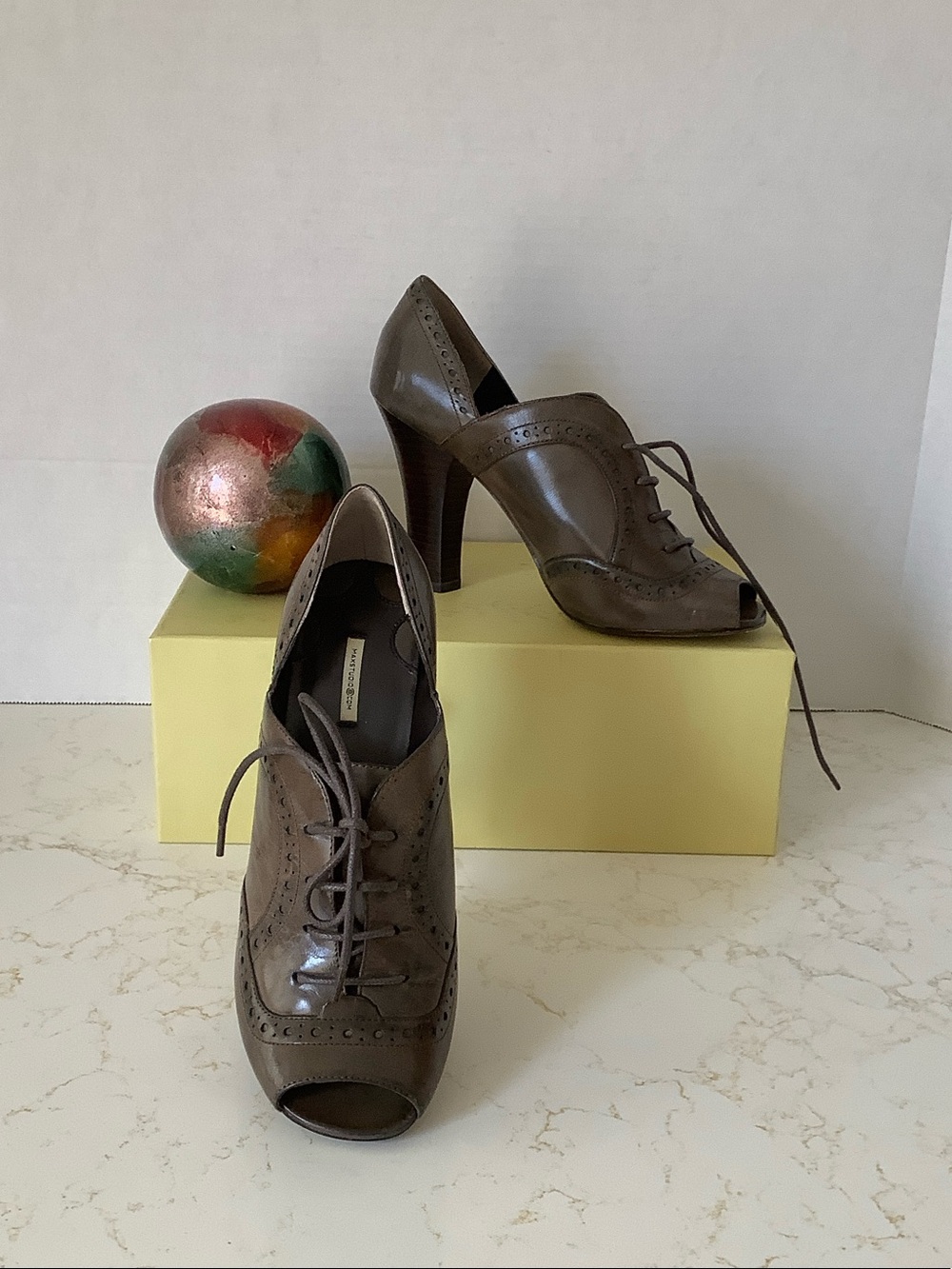 Max Studio Taupe Lace-Up Peep-Toe Wingtip Heels